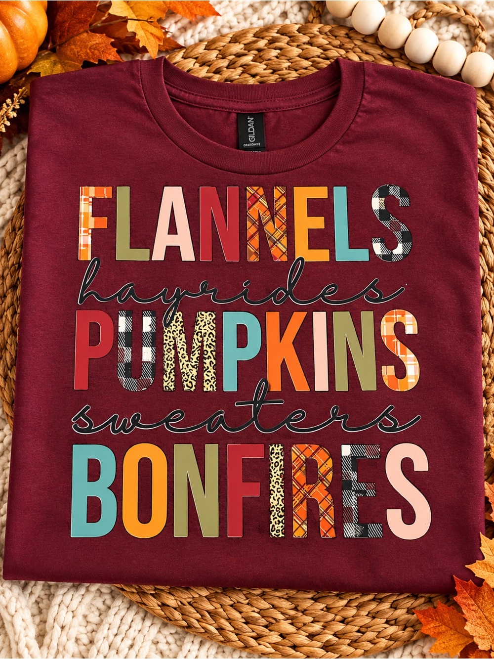 Gildan Burgundy Short Sleeve Tee with Multi-Color Fall Lettering